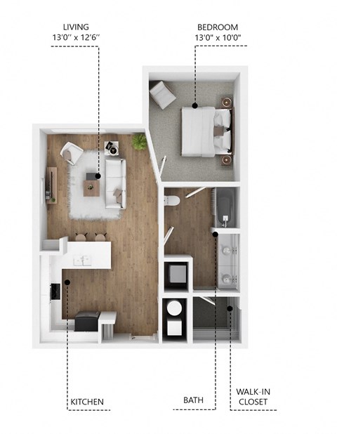 Floor plan for 1 bed, 1 bath, 650 sqft
